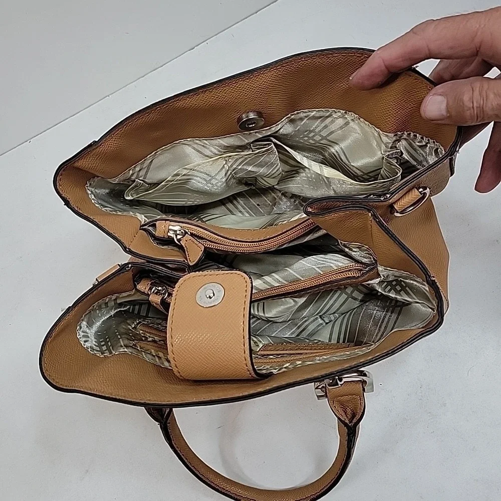 London Fog Beige Satchel Handbag Womens Faux Leather Structured Tote Purse
